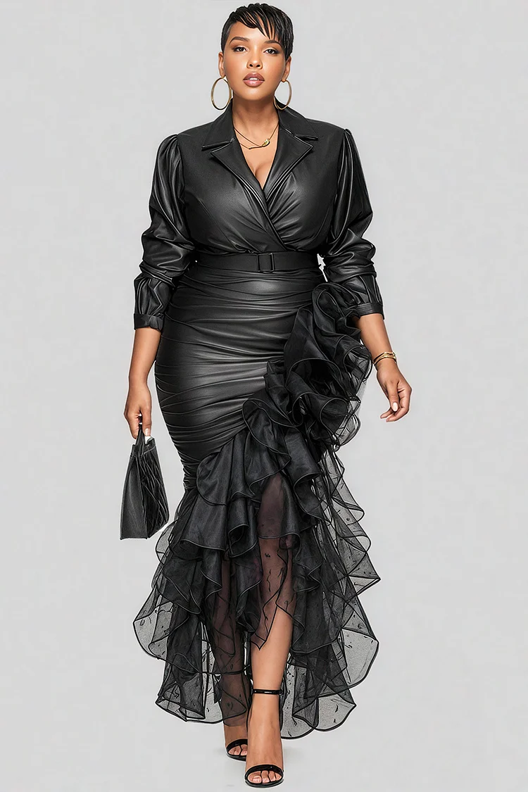 Xpluswear Design Plus Size Formal Tulle Black Turndown Collar Long Sleeve Ruffle Elegant Split PU Leather Midi Dresses [Pre-Order]