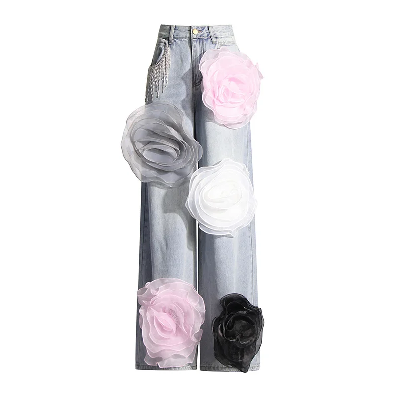 Woherb Woherb Small Style 2024 Autumn New Heavy Industry Design Sense High Waist Straight Tube Three-Dimensional Flower Splicing Jeans-Outfit Ideas