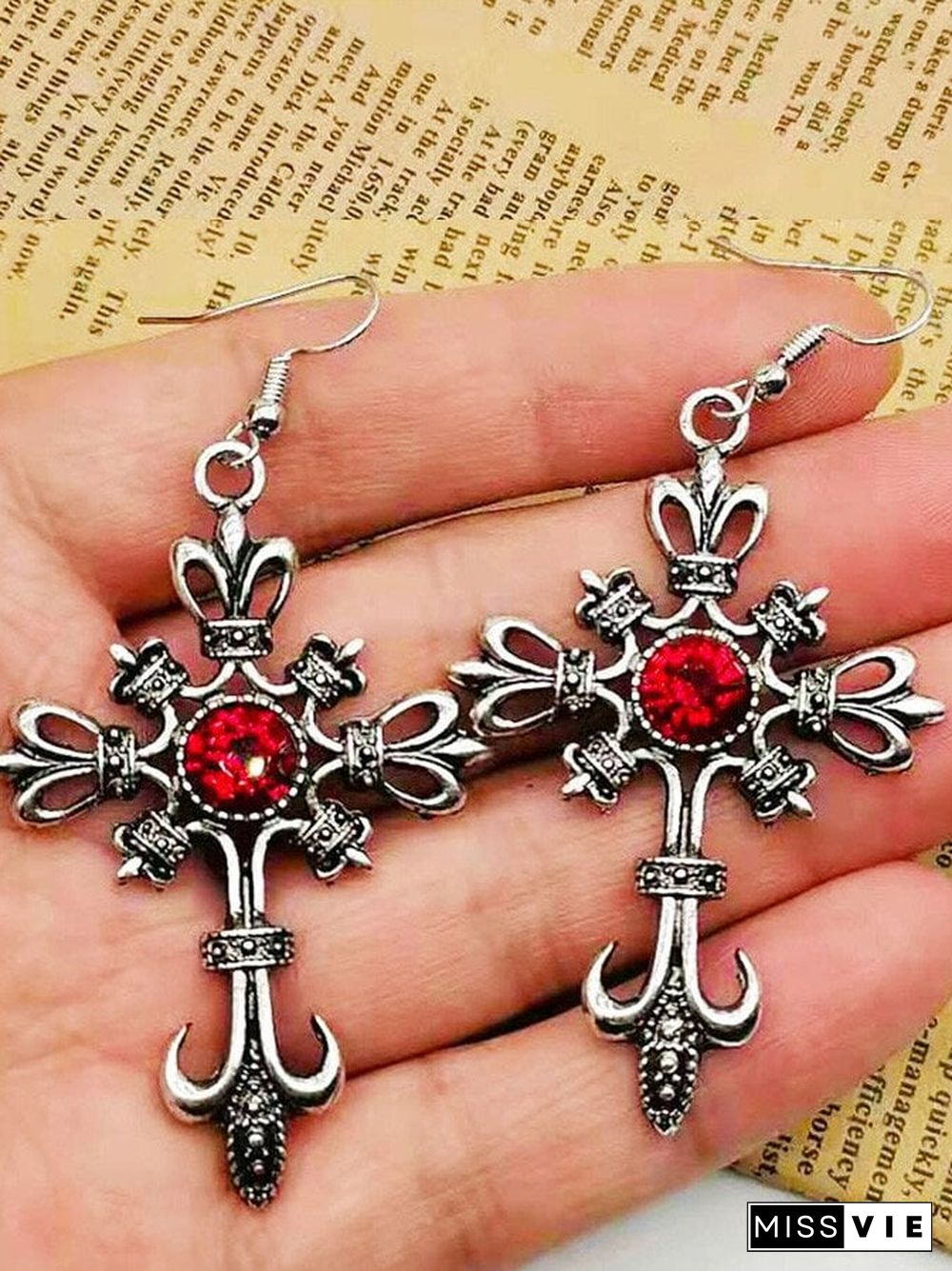 Dark Cross Red Rhinestone Earrings