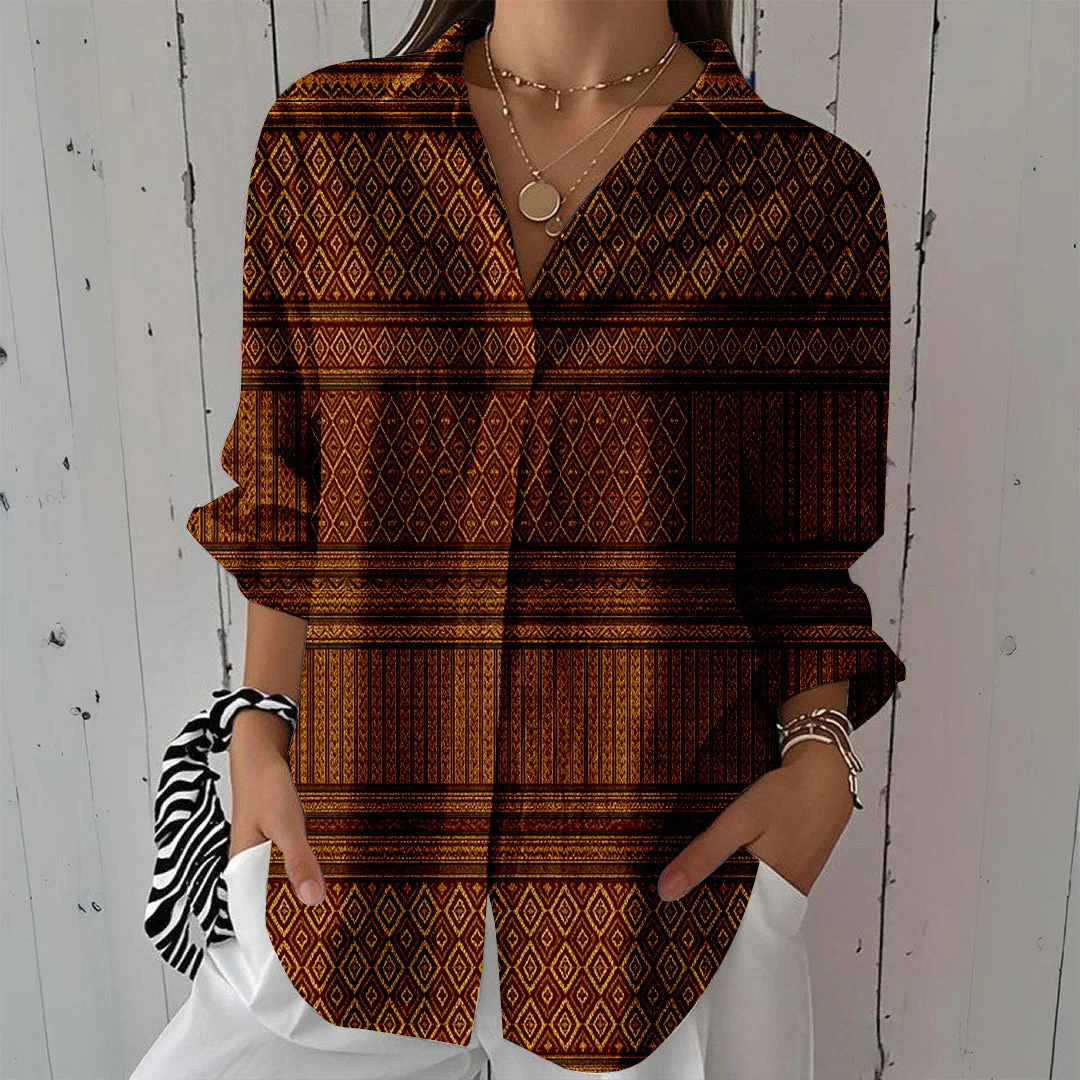 Style & Comfort for Mature Women Women Checkered, Brown DZCL0332 3/4 Sleeve Shirt Collar Printed Button Tops