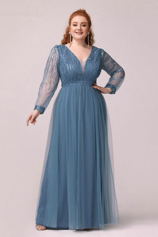 Dusty Blue Long Sleeves Sequins Plus Size Prom Dresses - lulusllly