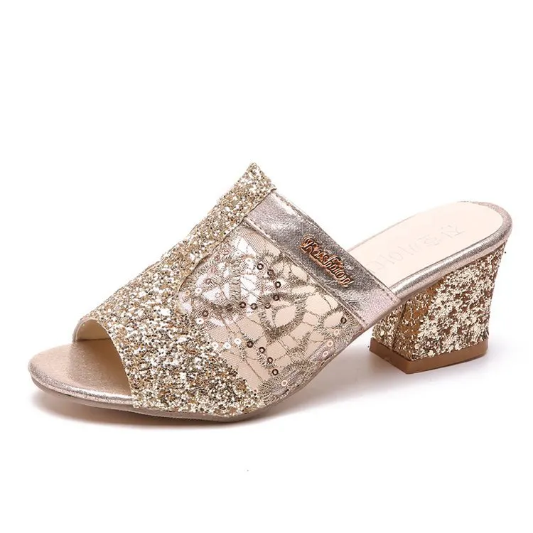 Churchf Churchf New Lady's Mesh Slippers High With Thick With Fish Mouth Hollow Out A Character Sequin Cool Drag Female