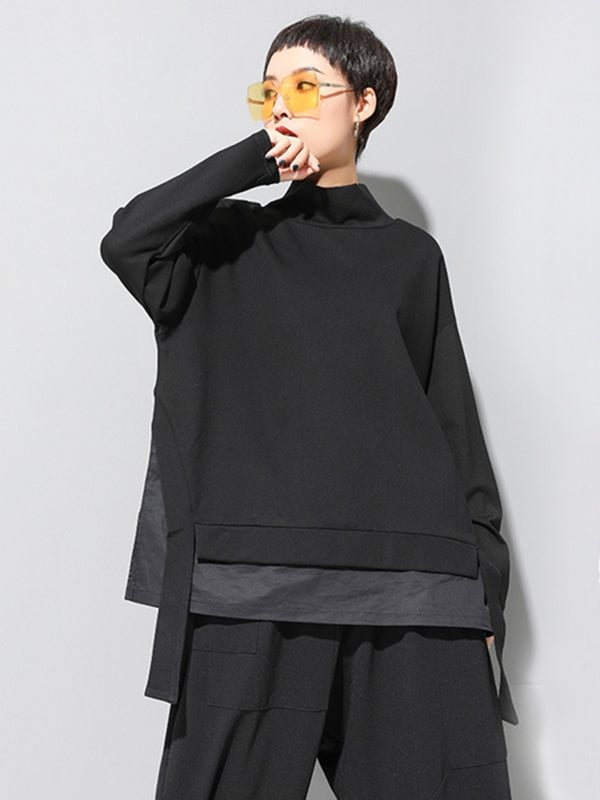 Black False-Two Split-Joint High-Neck Sweatshirt