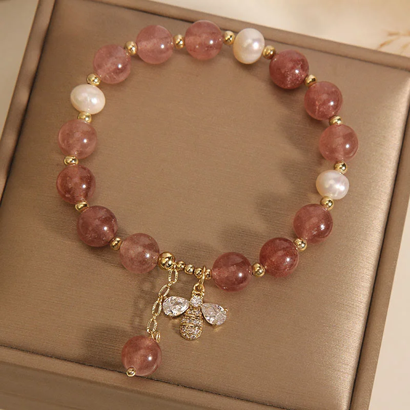 Strawberry Quartz Pearl Cute Zircon Honeybee Positive Charm Bracelet