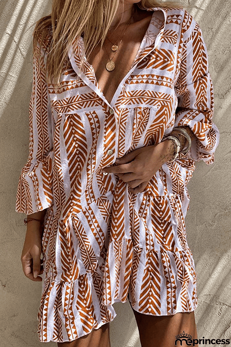 Casual Print Buckle Flounce V Neck A Line Dresses