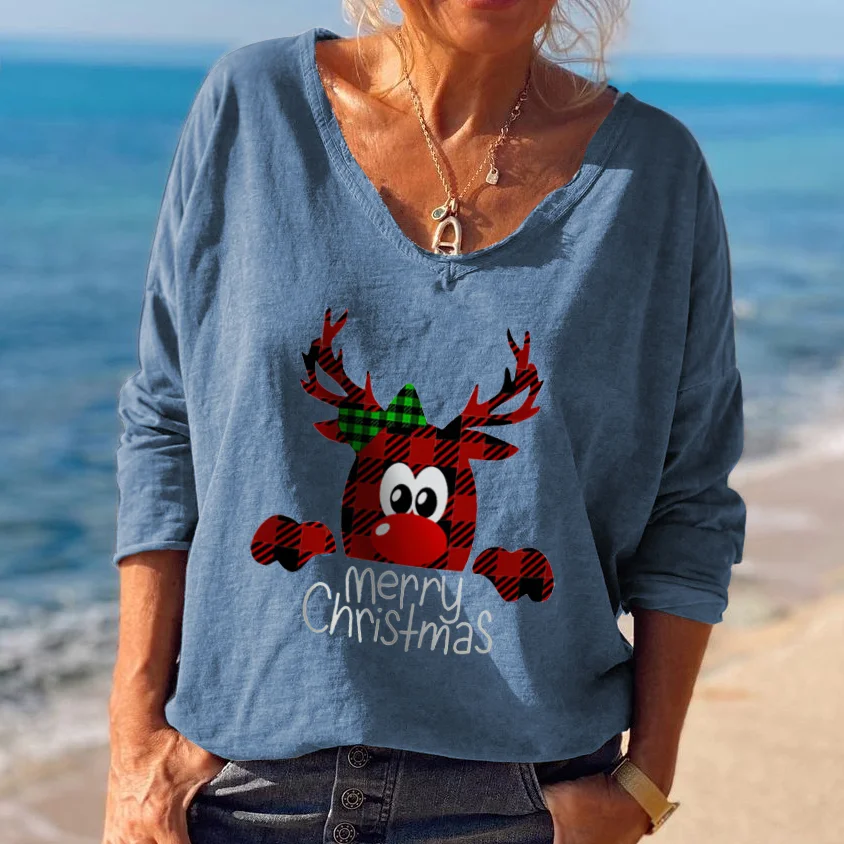 Merry Christmas Elk Print V-neck Long Sleeve T-shirt