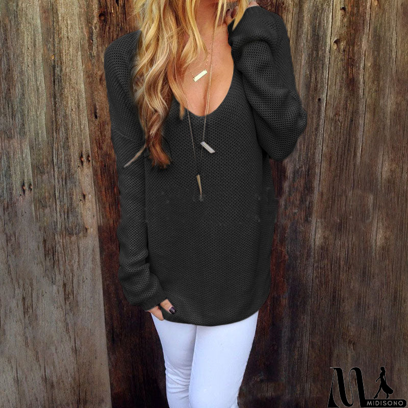 MidiSono - Women's Round Neck Long Sleeve Solid Color Knit Sweater
