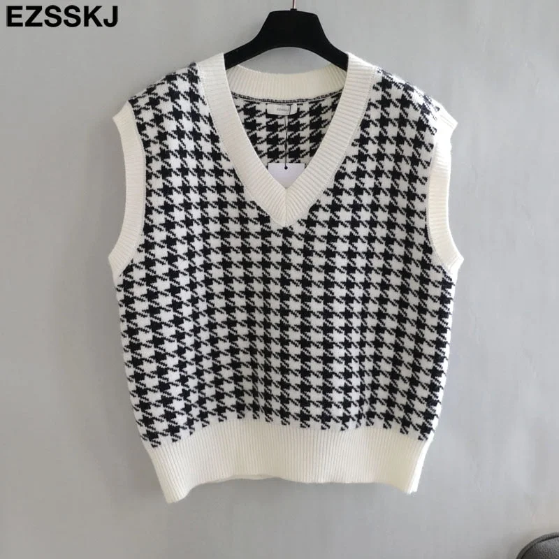 white black  thick Houndstooth sweater cardigans jacket ladies new women thick sweater coat v-neck cardigan jacket coat outwear