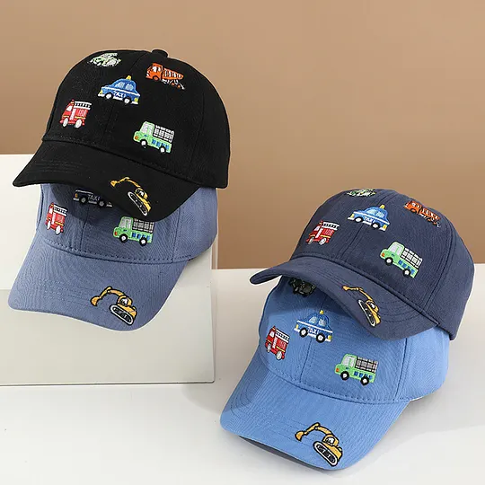 Boys Casual Construction Vehicle Embroidered Baseball Cap Excavator, Fire Truck, Dump Truck, Taxi, Truck Pattern Hat