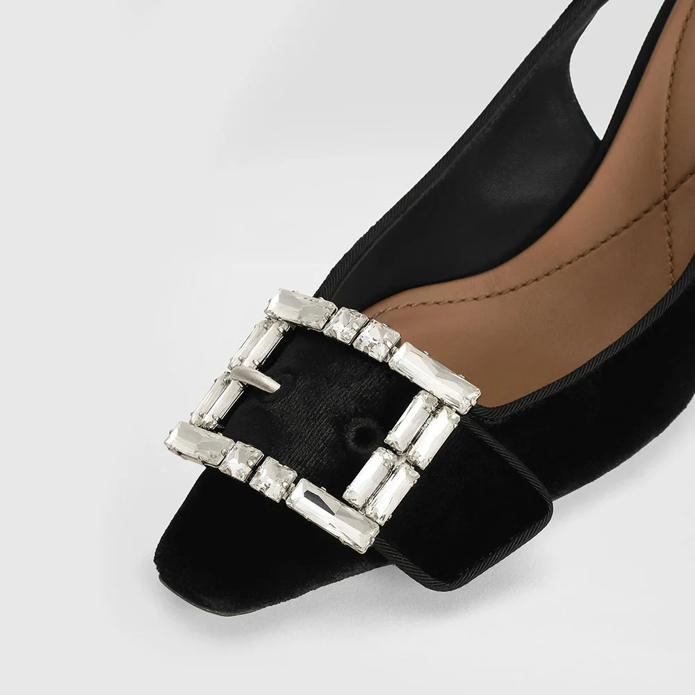 Velvet Black Square Toe Slingback Pumps with Rhinestone Buckle