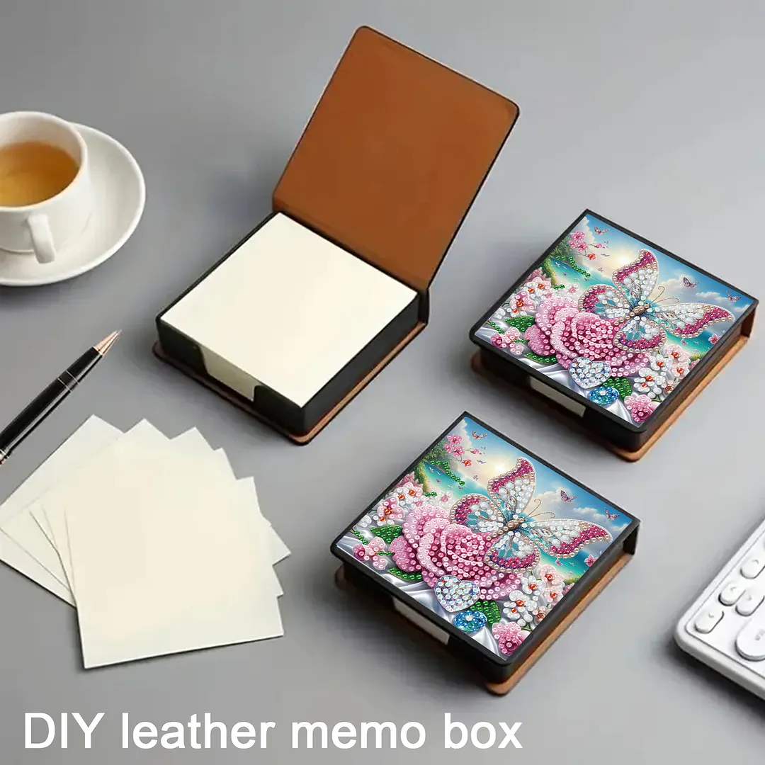 Butterfly and Flower PU DIY 5D Diamond Painting Note Box w/160 Sheets for Office