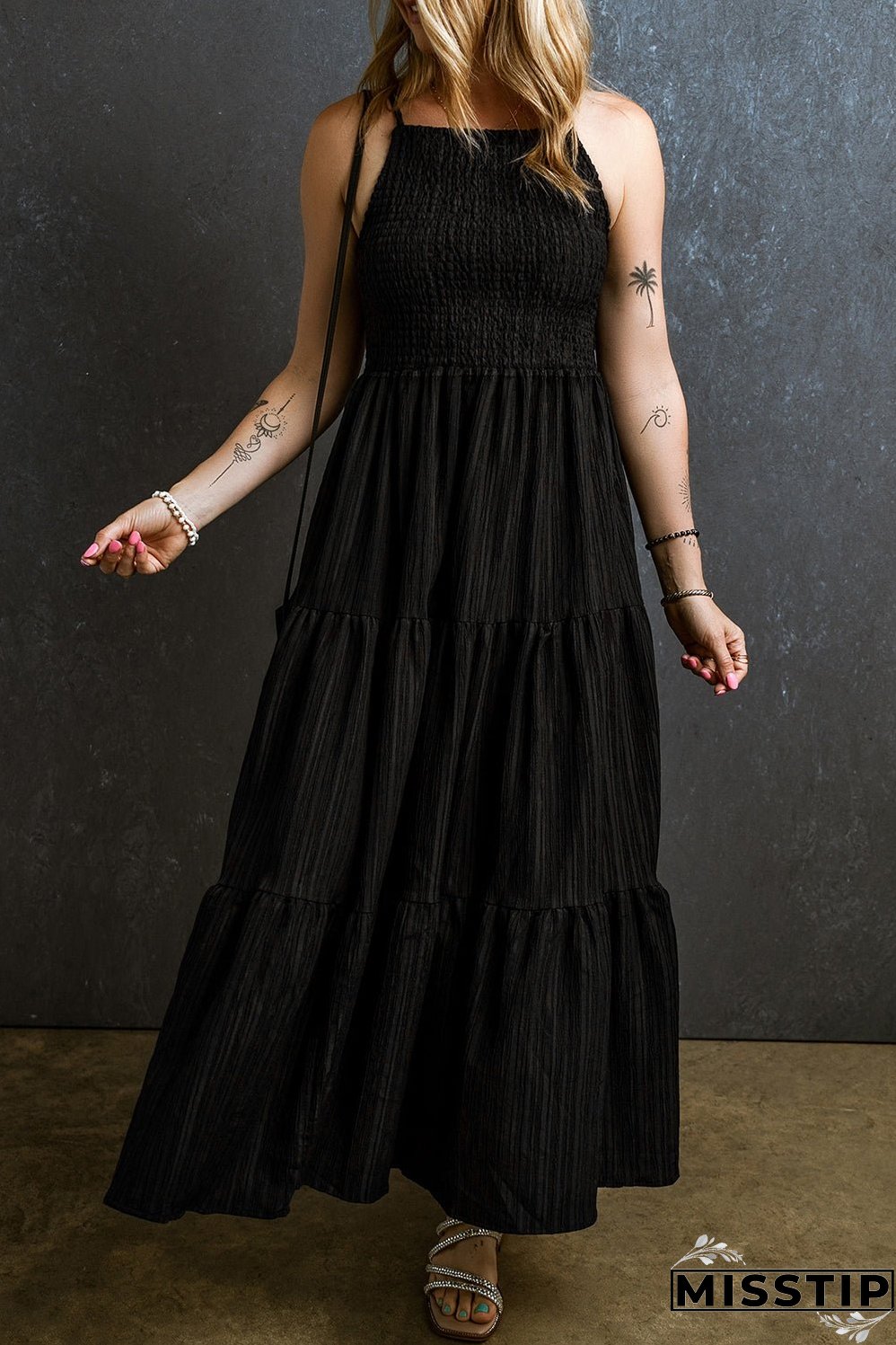 Spaghetti Straps Pleated Tiered Maxi Dress