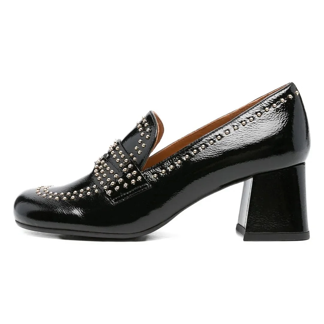 Chic Black Round Toe Chunky Heel Studded Slip On Women's Loafers