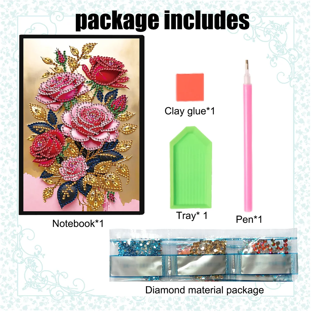 5D DIY Special Shaped Rose 50 Pages Diamond Painting Notebook for Adults Beginners