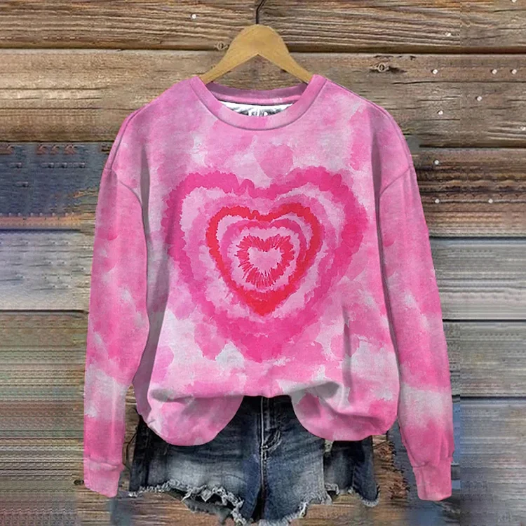 Casual Valentine's Day Haert Tie-dyed Print Long Sleeve Sweatshirt