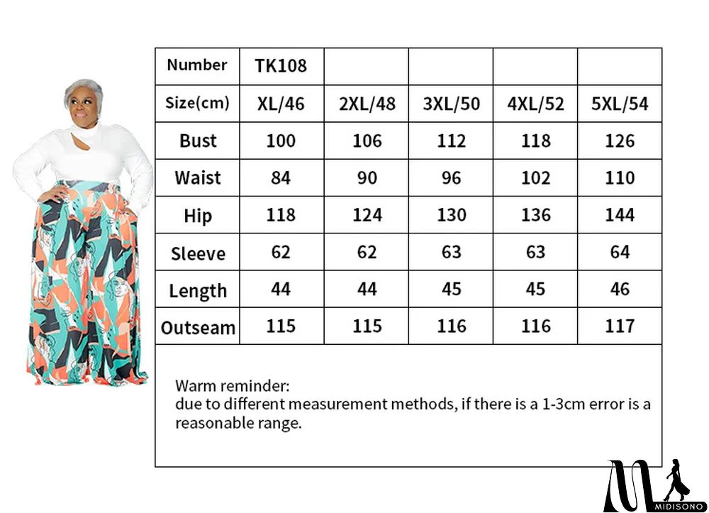 MidiSono - Casual Women'S Cutout Long Sleeve Top Pocket Print Wide Leg Pants Plus Size Fashion Casual Two Piece Pants Set