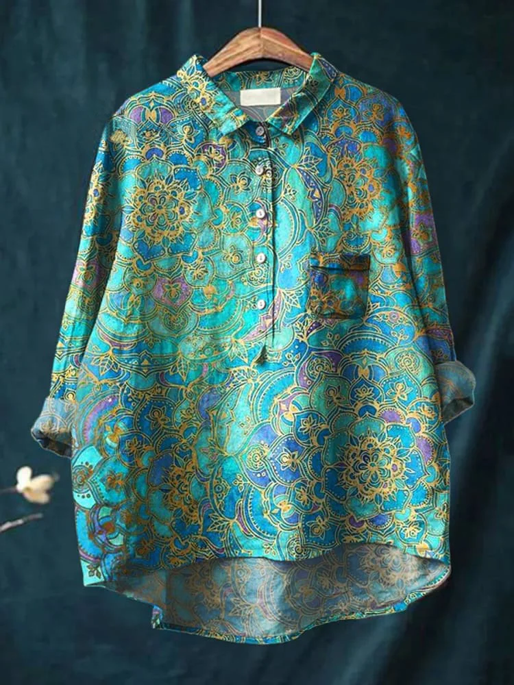 Womens Retro  Art Print Casual Cotton And Linen Shirt