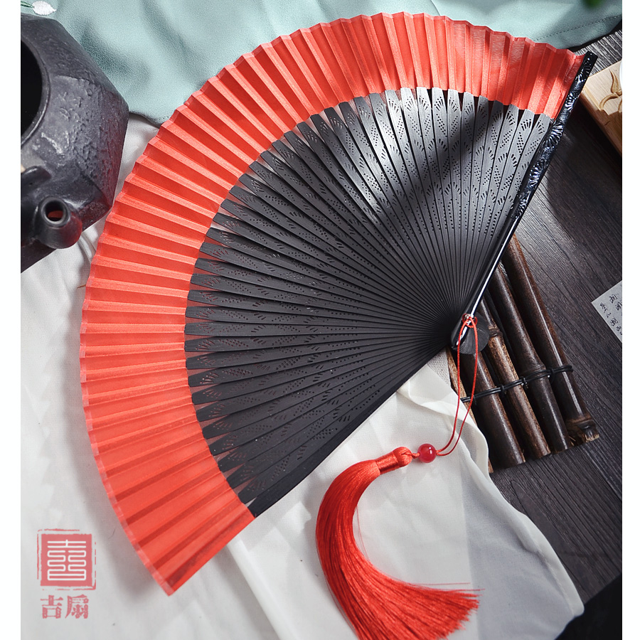 Silken Serenity - Exquisite Chinese Fan | Vintage-Inspired,  Red Hanfu,  Lacquer Carved,  Foldable | Dance & Décor Fan