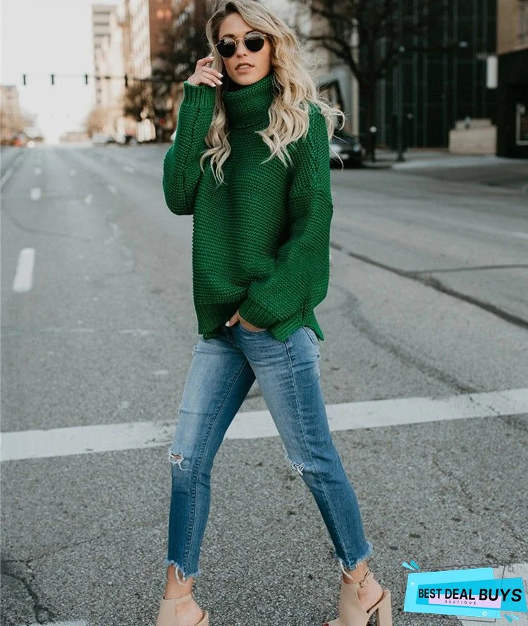 High-Neck Long Sleeves Knitting Sweater Tops