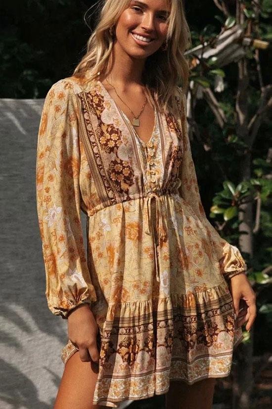 Flowy Bohemian Print Button Front V Neck Midi Dress-elleschic