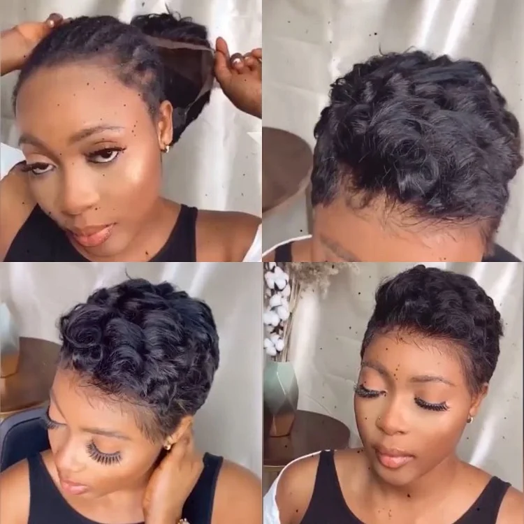 Natural Black Short Wavy Curly Pixed Cut Wig