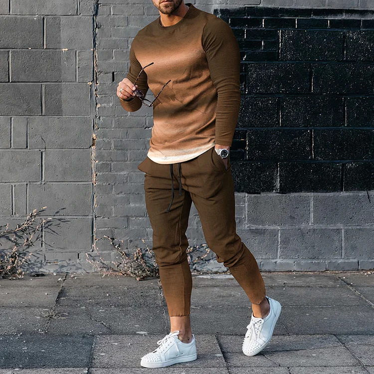 Utbros Fashion Men's Gradual Color Casual Long Sleeve T-Shirt And Pants Co-Ord