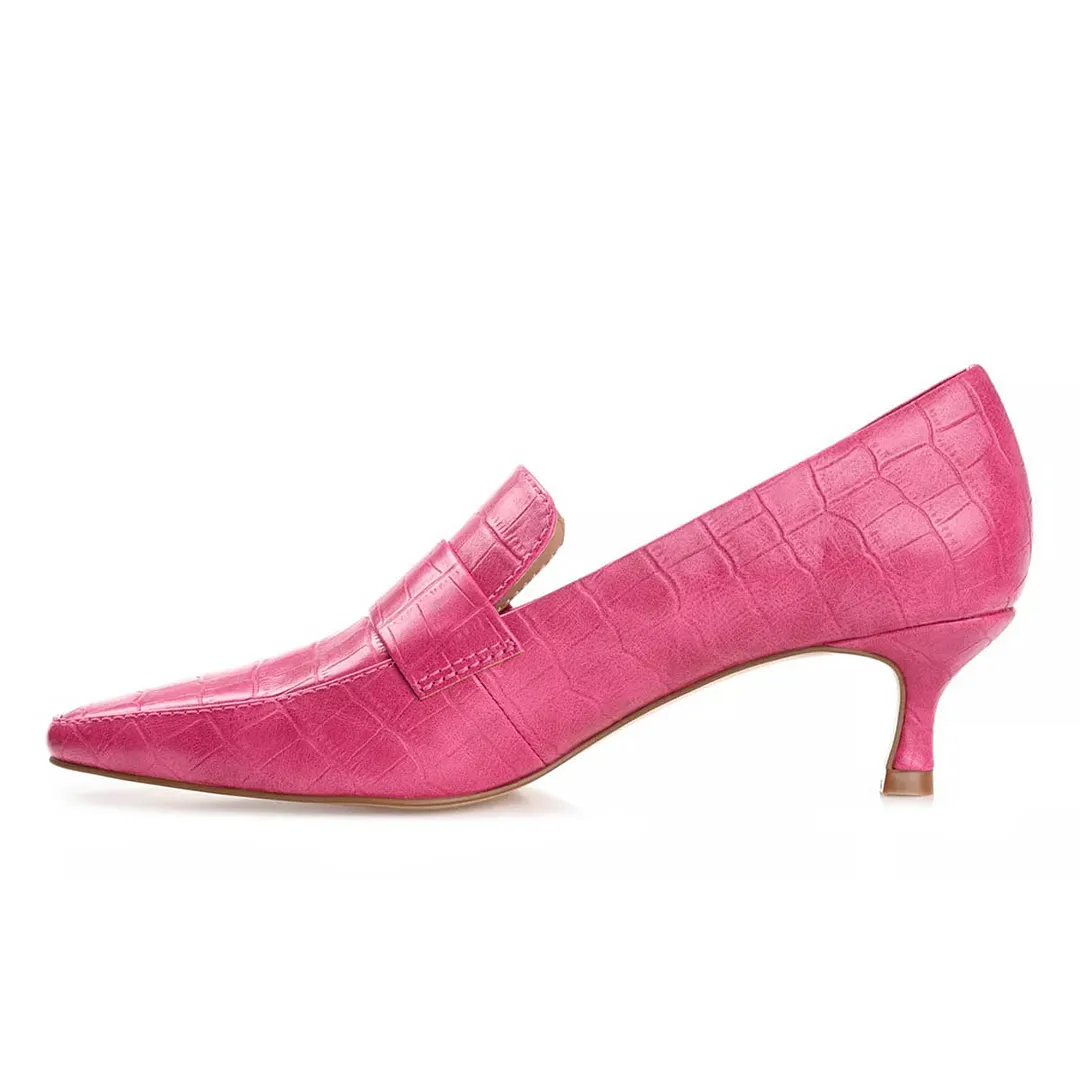 Hot Pink Square Toe Kitten Heeled Loafers Women with Croc Embossed