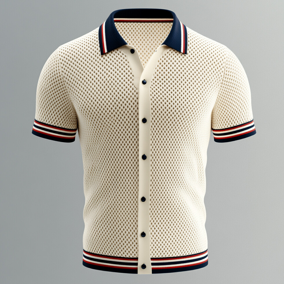 Men's Hollow Out Knit Contrast Striped Button Short Sleeve Shirt