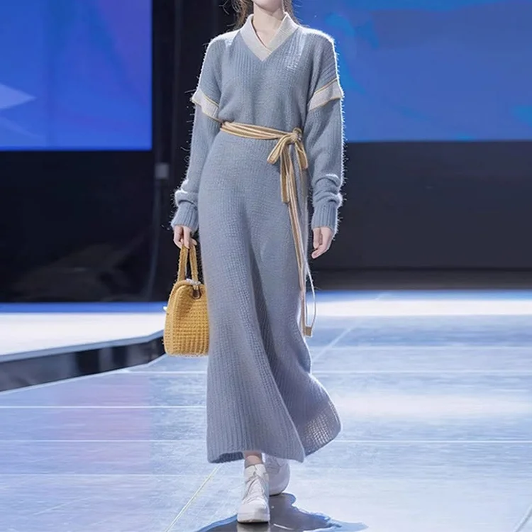 【50% OFF】Vintage V-neck Knitted Midi Sweater Dress With Waistband - Modakawa Modakawa