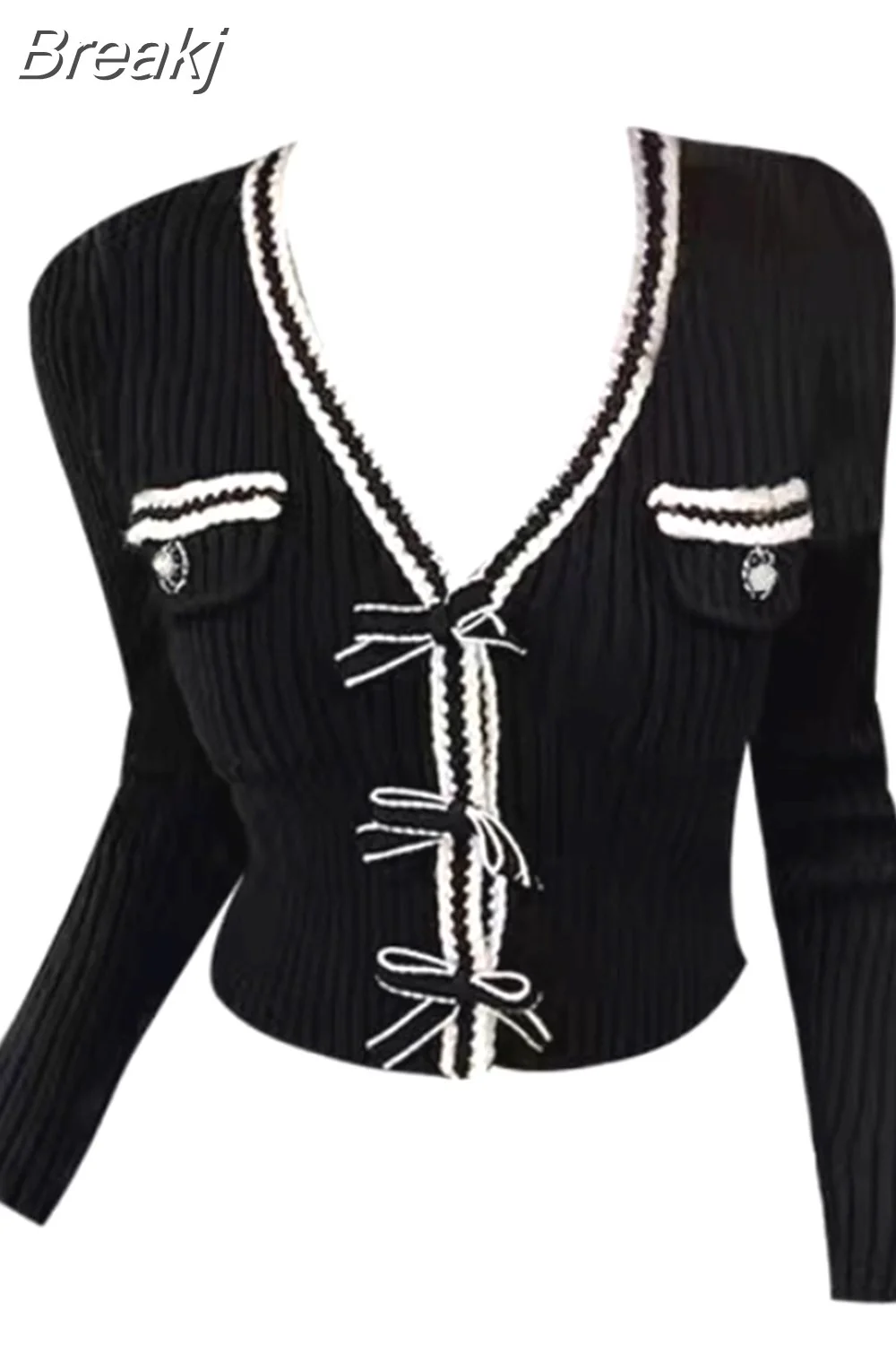 Breakj Knitted Pullover Office Lady 2023 Autumn Casual Long Sleeve Y2k Clothing V-neck Korean Style Fashion Slim Blouse Woman