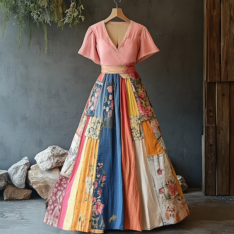 Retro Elegant Fashion Floral Patch V-neck Dress