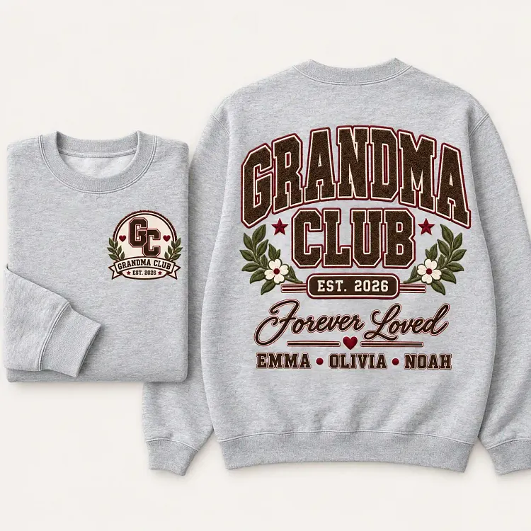 Personalized Grandma Club Sweatshirt &ndash; Custom Est. Year & Grandkids Names, Front & Back Print Crewneck, Gift for Grandma