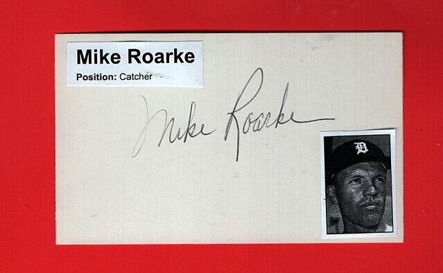1961 MIKE ROARKE-DETROIT TIGERS AUTOGRAPHED 3x5 INDEX CARD W/Photo Poster painting-(d.2019)