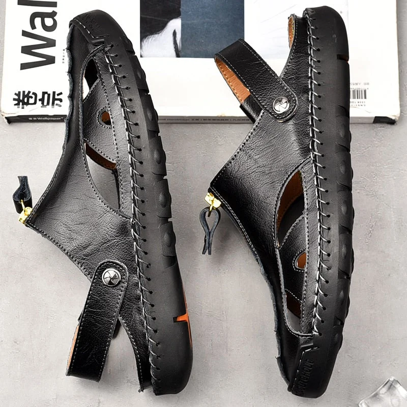 Men Summer Fashion Casual Mules Male Breathable First Layer Cowhide Loafer Slippers Open Back Flat Genuine Leather Half Sandals