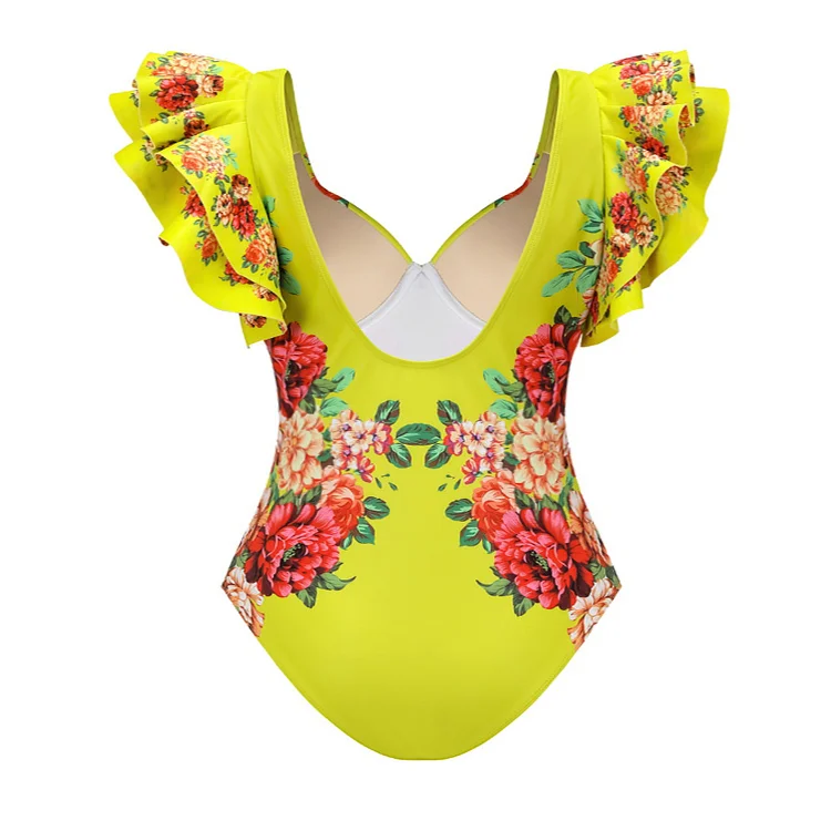 Plus Size Ruffles Colorful Flower Print One Piece Swimsuit