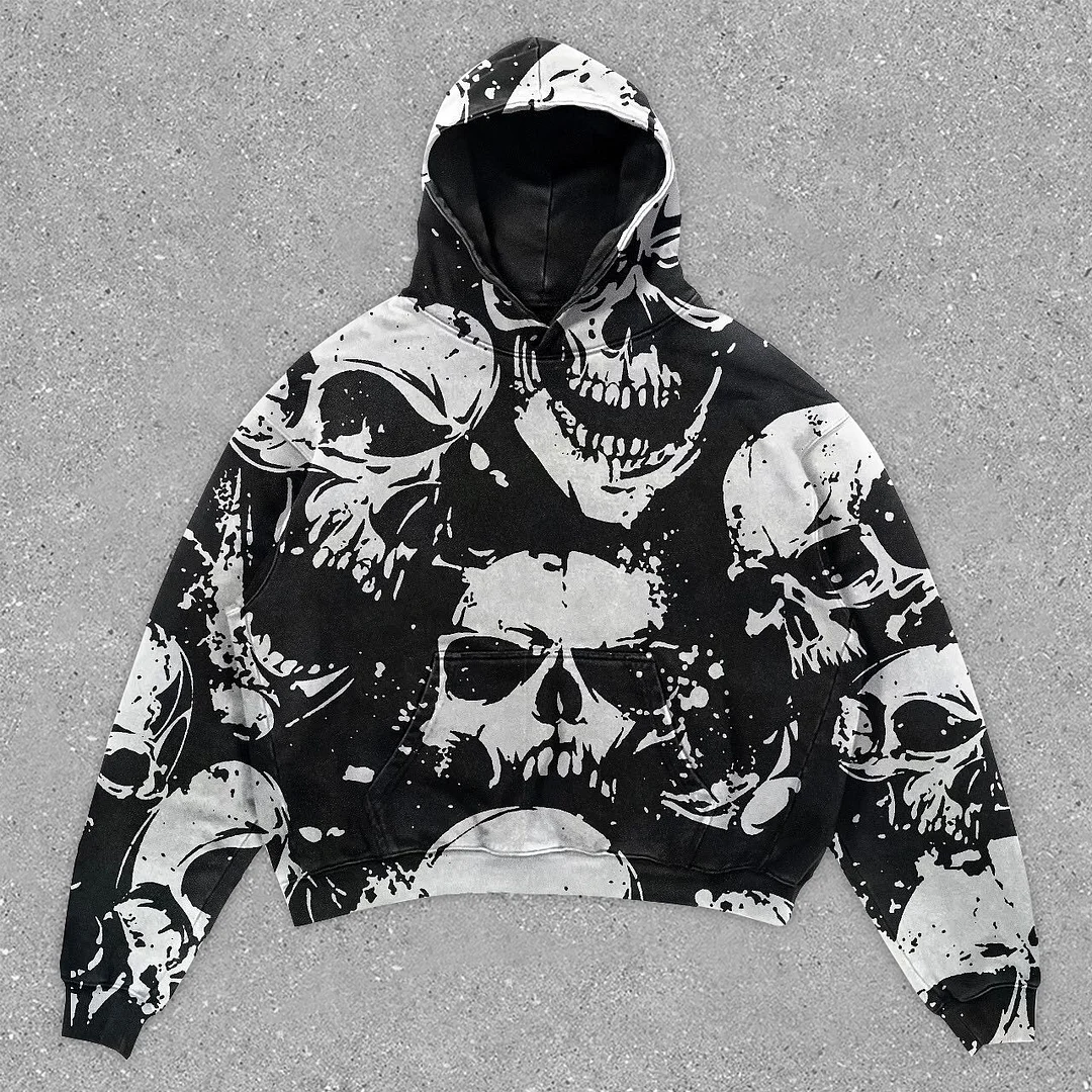 Vintage Skull Print Long Sleeve Hoodie