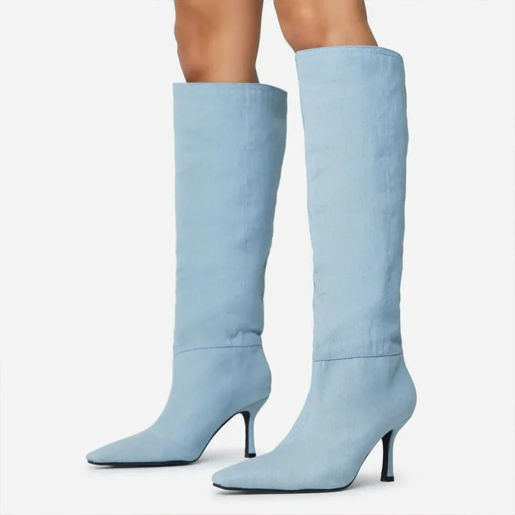 Blue Pointed Toe Vintage Kitten Heel Knee Denim Boots Vdcoo
