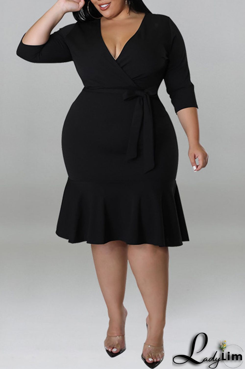 Black Casual Solid Bandage Patchwork Flounce V Neck Straight Plus Size Dresses