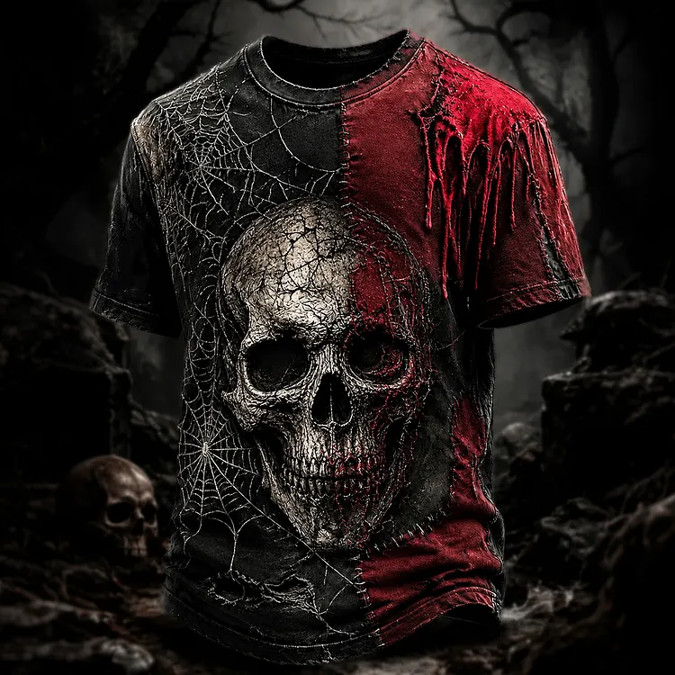 Men's Halloween Gothic Spiderweb Skull Print Casual T-shirt