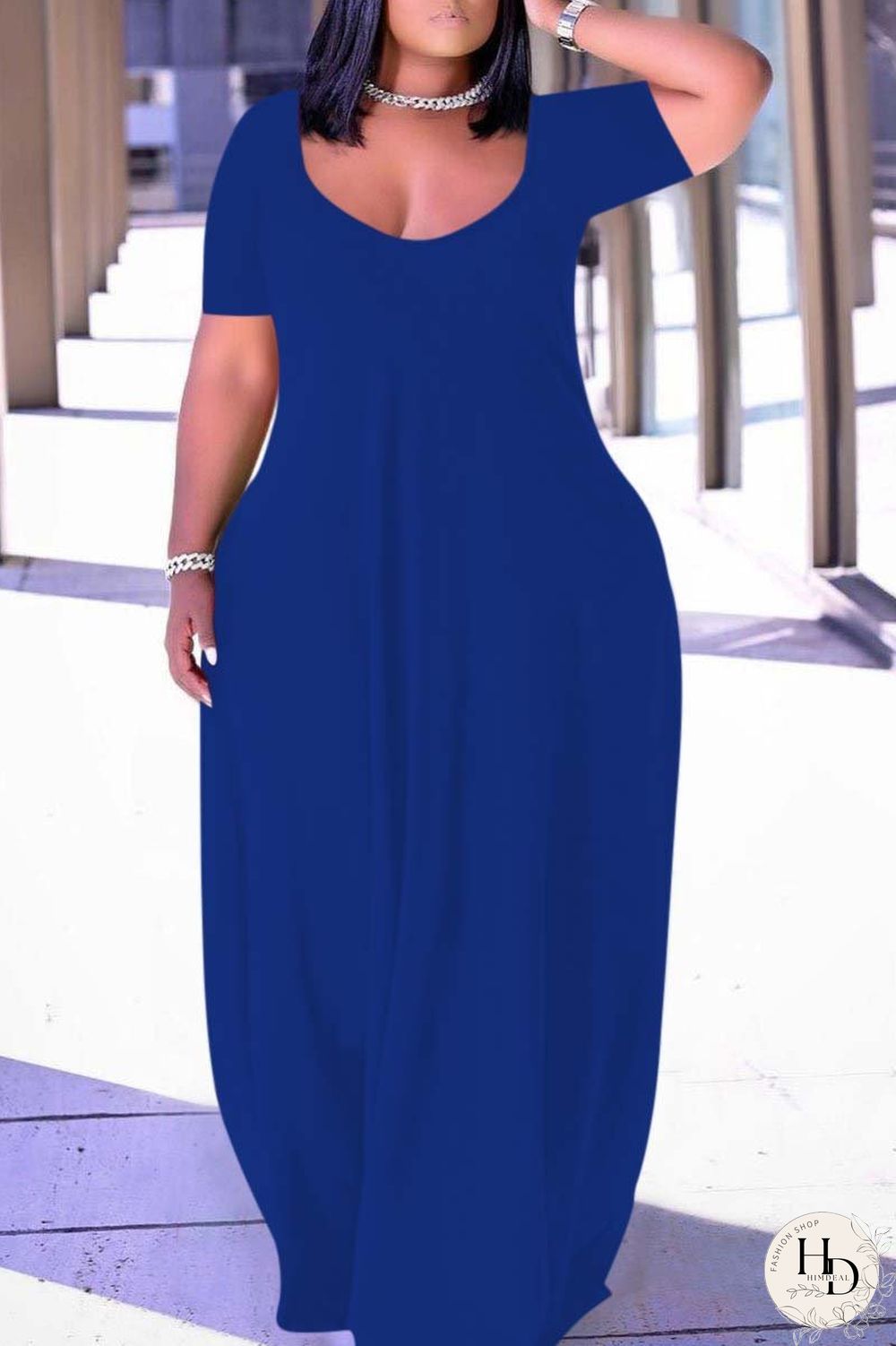 Pink Fashion Casual Plus Size Solid Patchwork V Neck Short Sleeve Dress