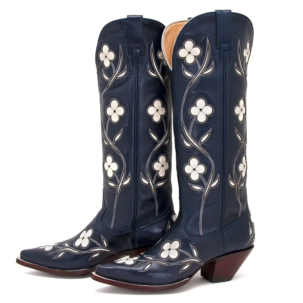 Navy Flower Inlay Stitching Pointed Toe Knee-High Cowgirl Boots Nicepairs