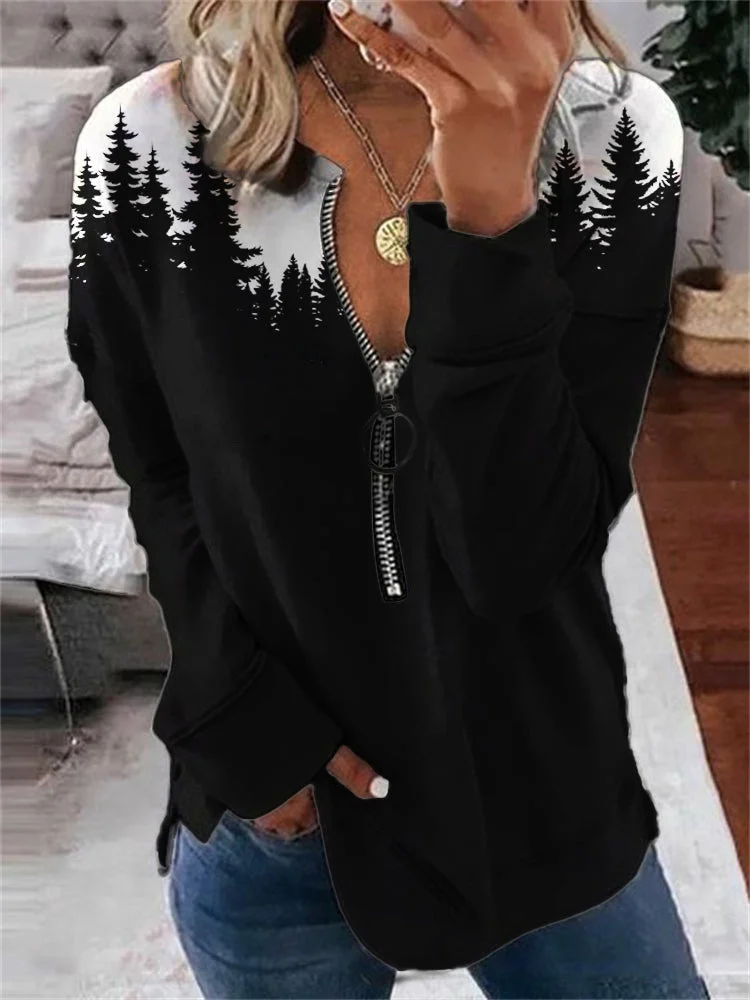 VChics Western Forest Contrast Long Sleeve Zip Sweatshirt