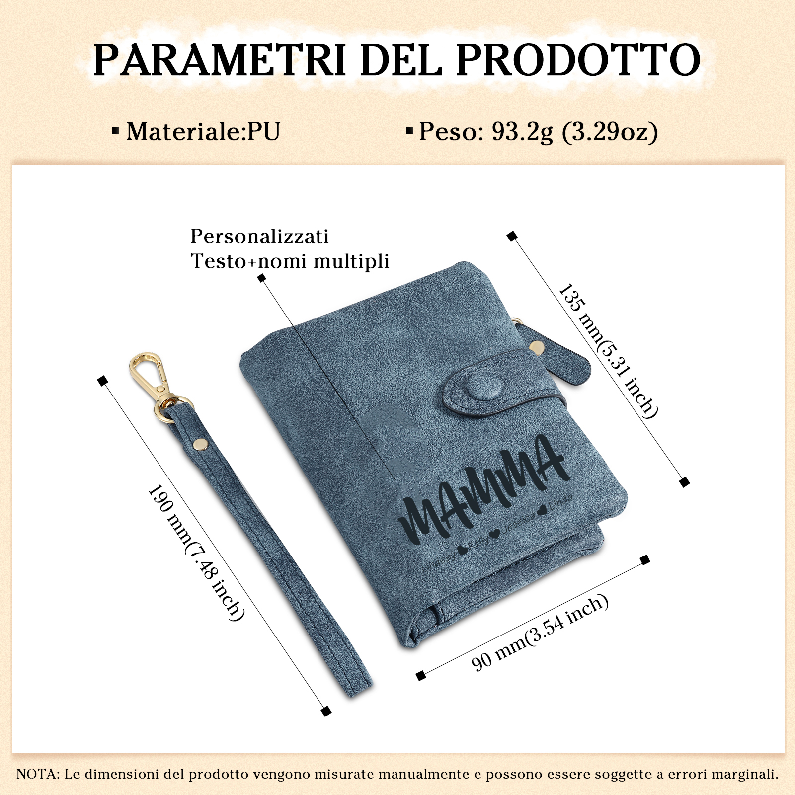 Portafoglio in PU pelle con 3 nomi & 1 testo & 1 foto personalizzati per mamma