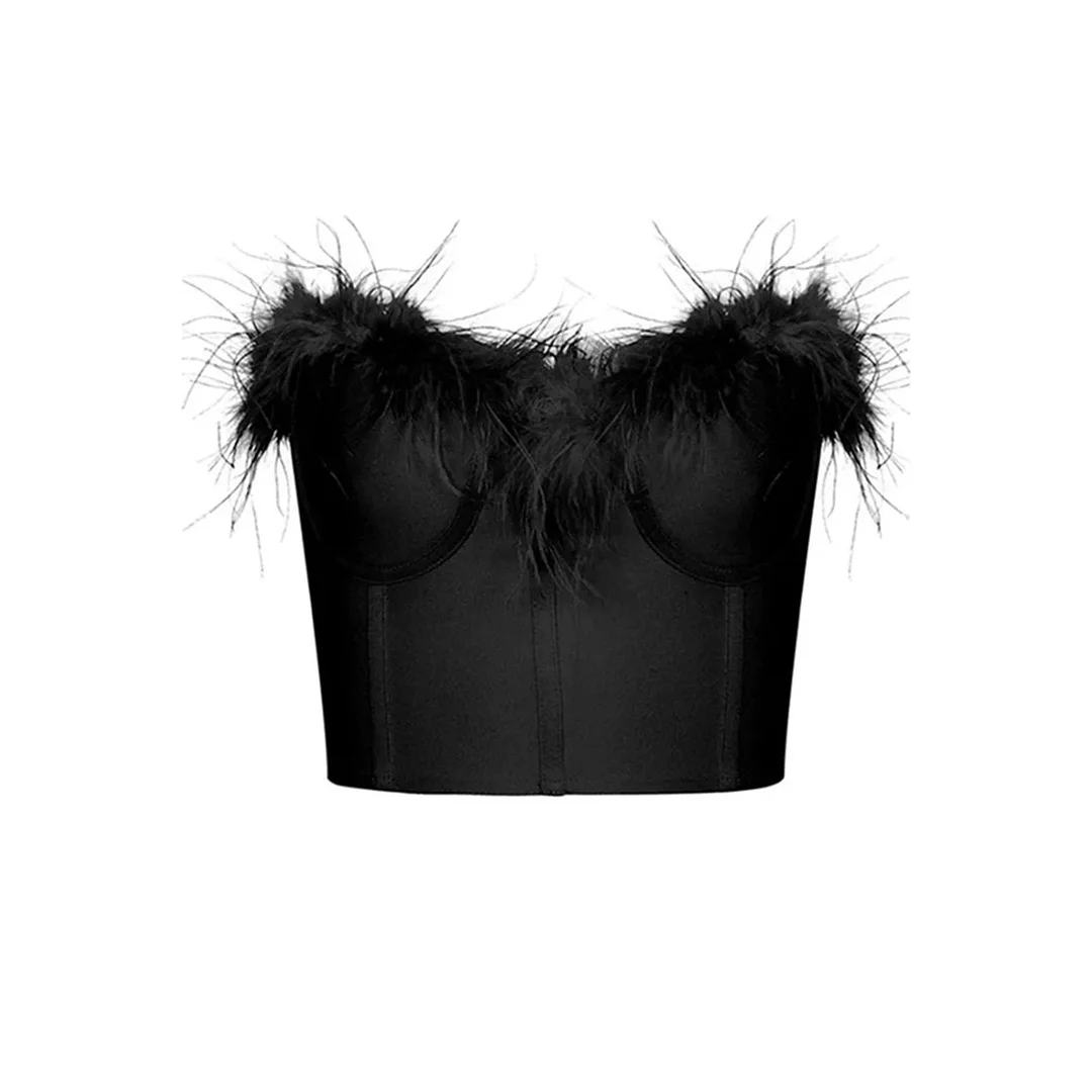 Huiketi Women Tube Tops Solid Color Feather Furry Trim Sleeveless Off Shoulder Backless Back Zipper Slim Fit Crop Tops