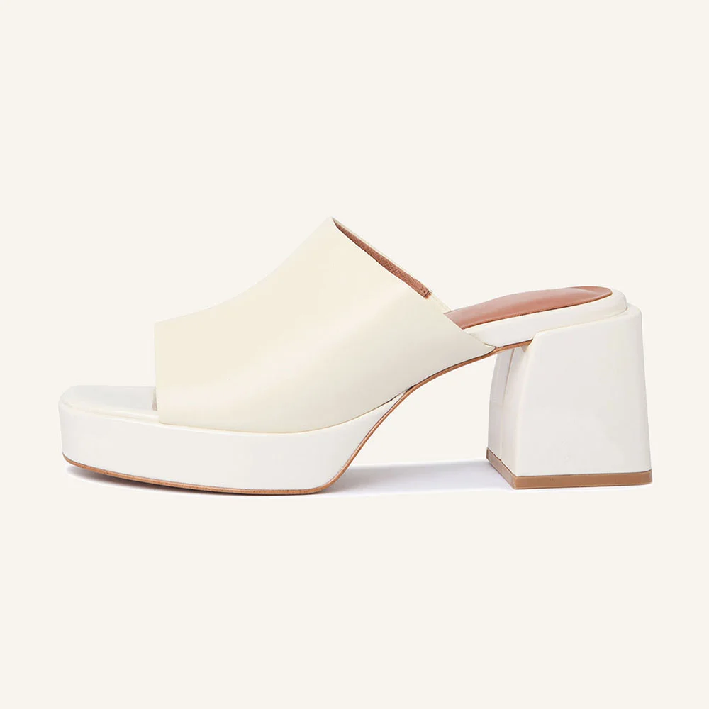 Ivory Open Square Toe Block Heel Simple Platform Slide Sandals
