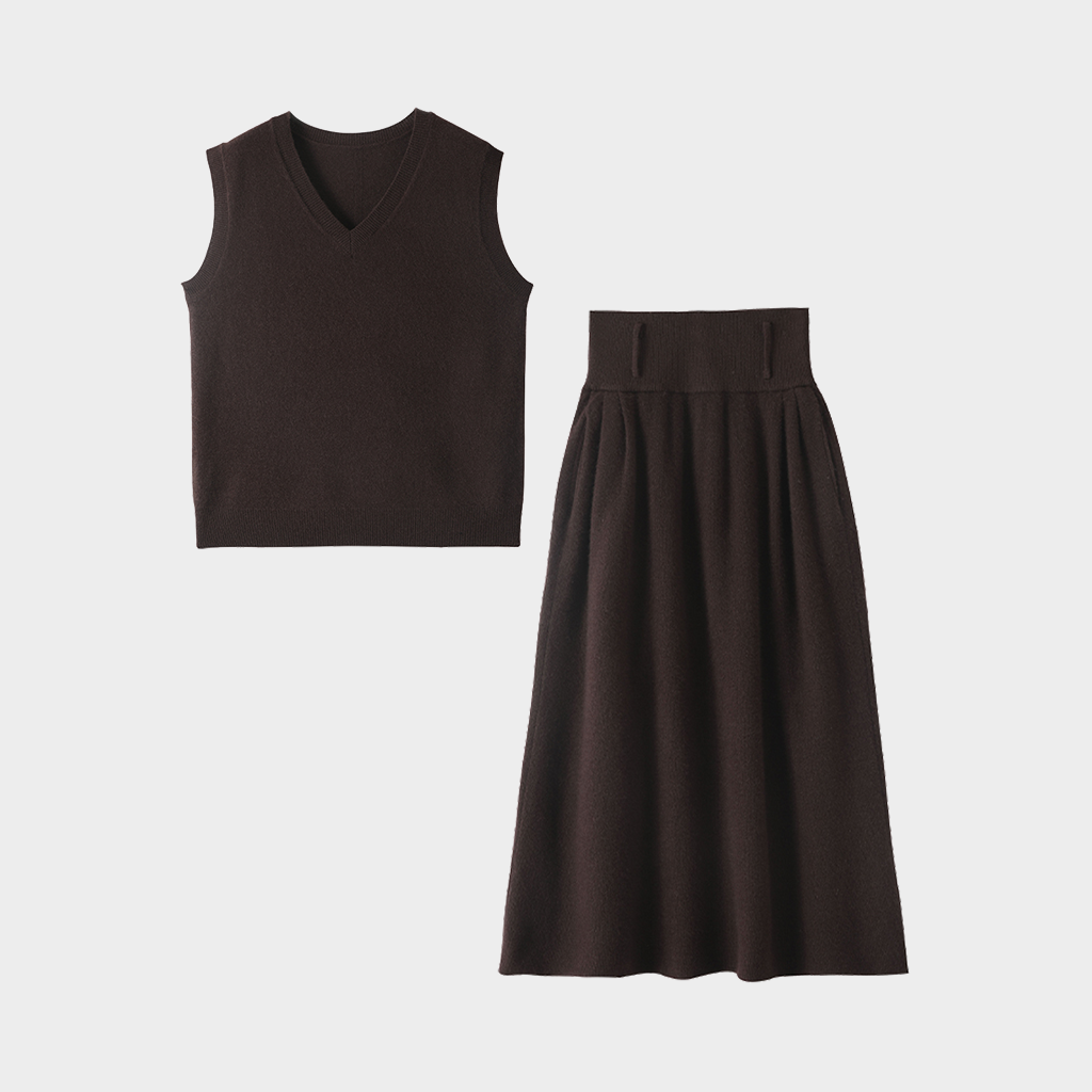 Women's Modern Minimalist Deep Brown Cashmere Sweater Vest and Skirt Set for Casual Wear | Luxurious Pure Cashmere REAL SILK LIFE