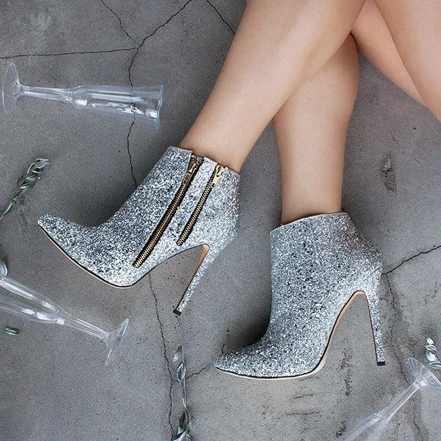 Silver Pointy Toe Stiletto Ankle Booties with Glitter Finish - Fashion Statement Vdcoo