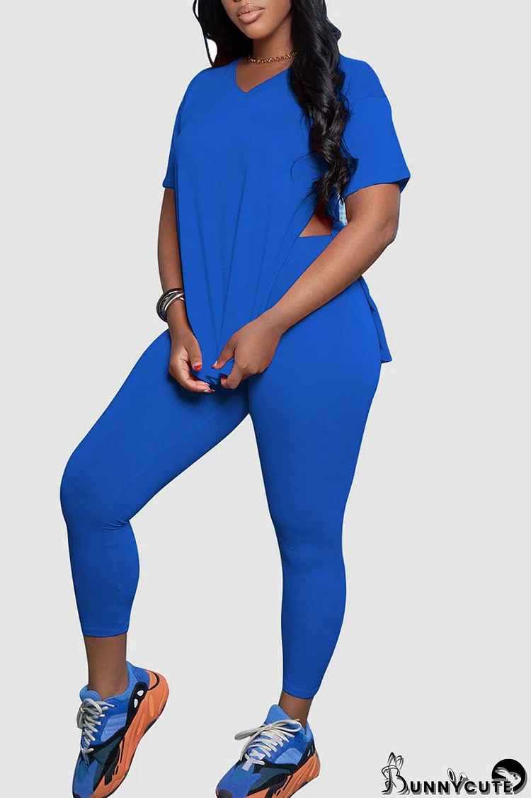 Blue Casual Solid Split Joint Slit V Neck Short Sleeve Two Pieces