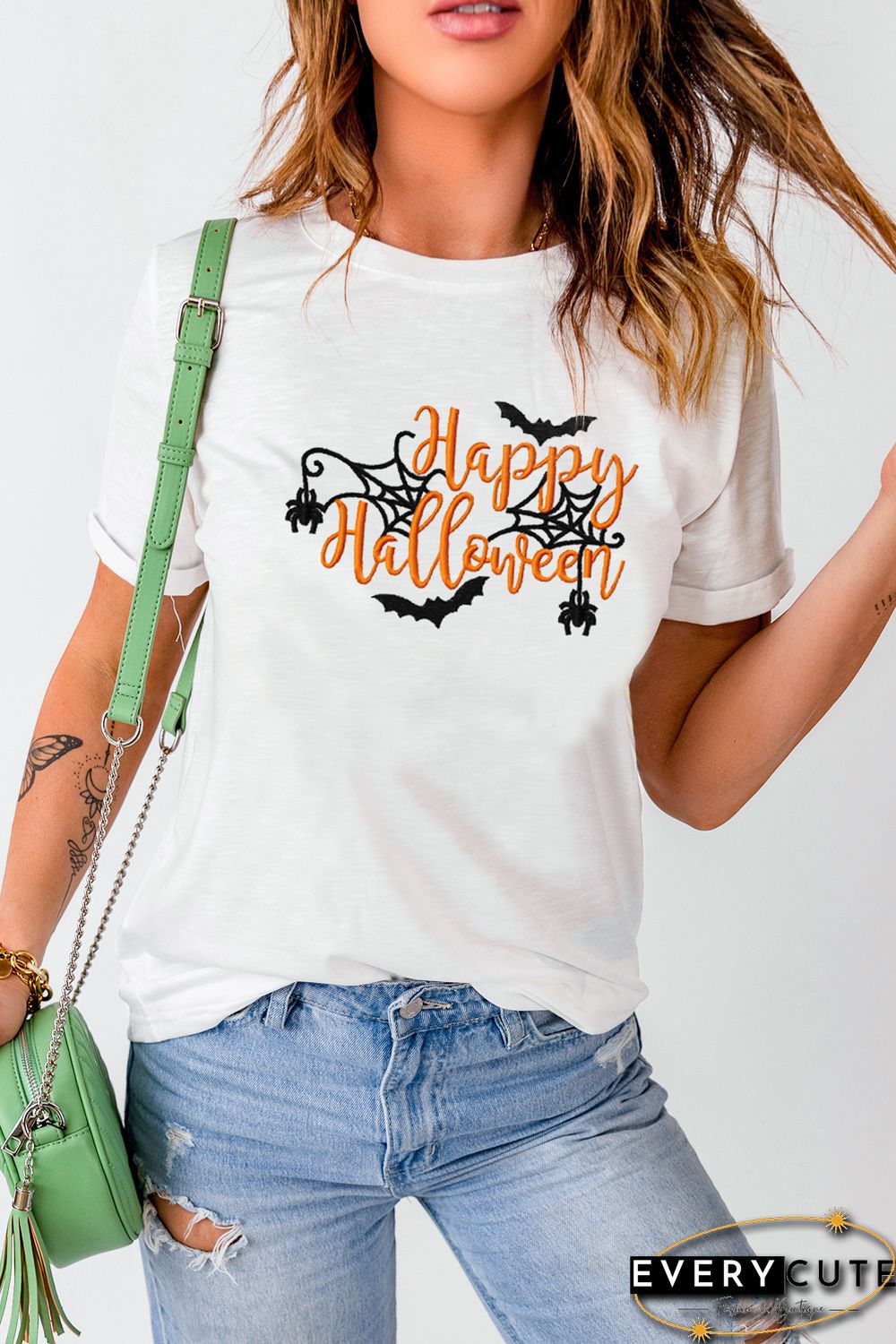 White Happy Halloween Embroidered Graphic Short Sleeve Tee