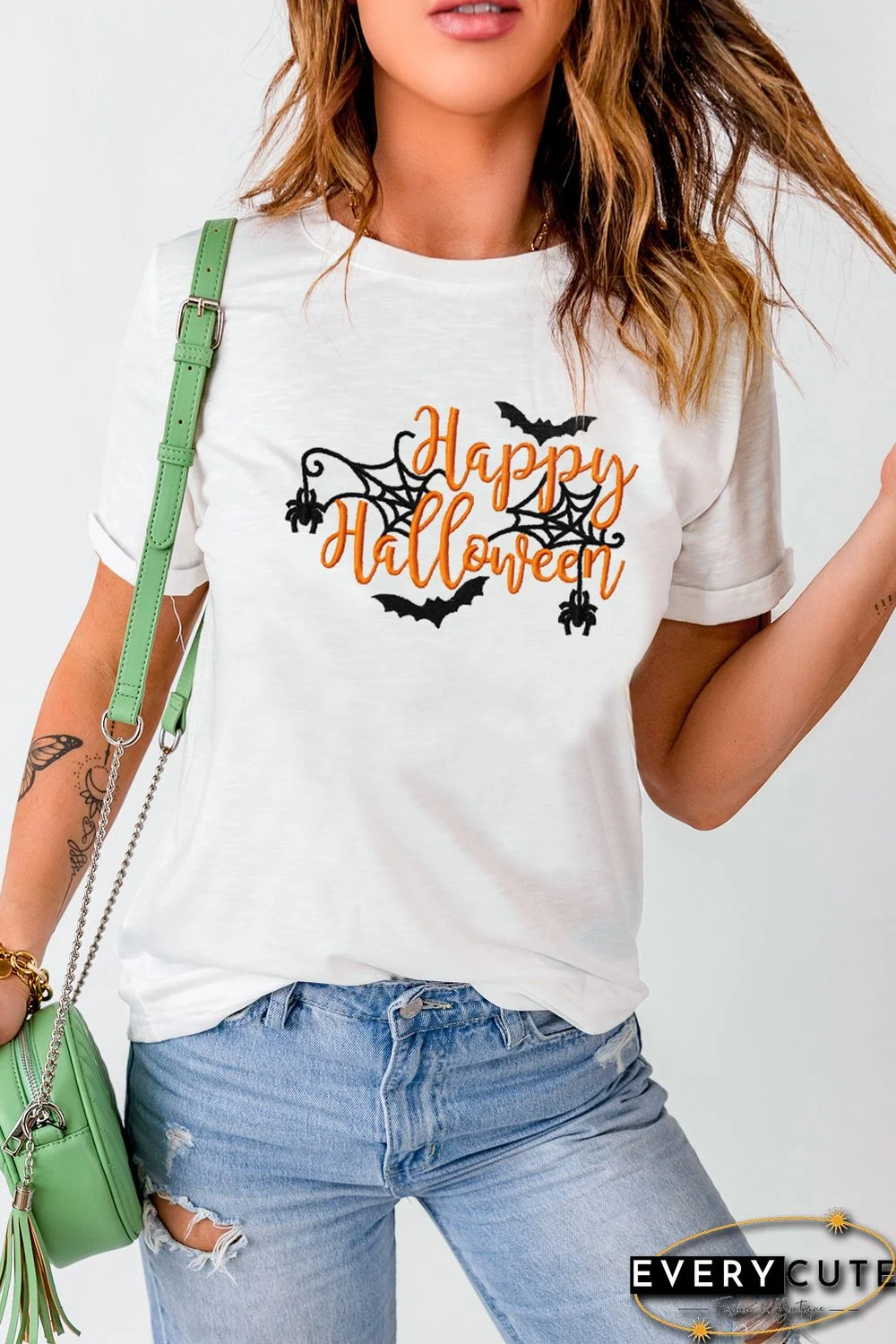 White Happy Halloween Embroidered Graphic Short Sleeve Tee